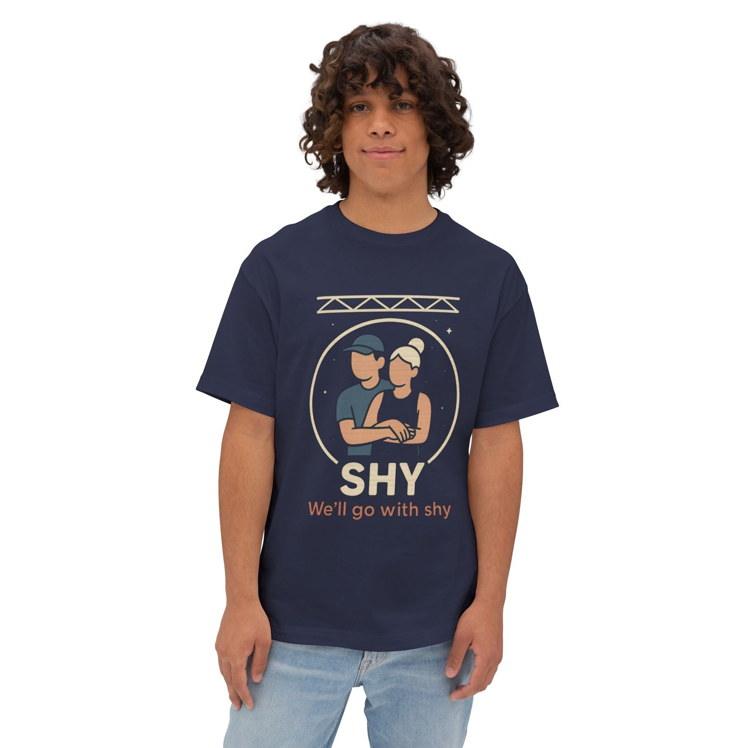 Young man wearing a navy blue T-shirt with a graphic of two people under stage lights and the text ‘SHY – We’ll go with shy related to the cosplay scandal’