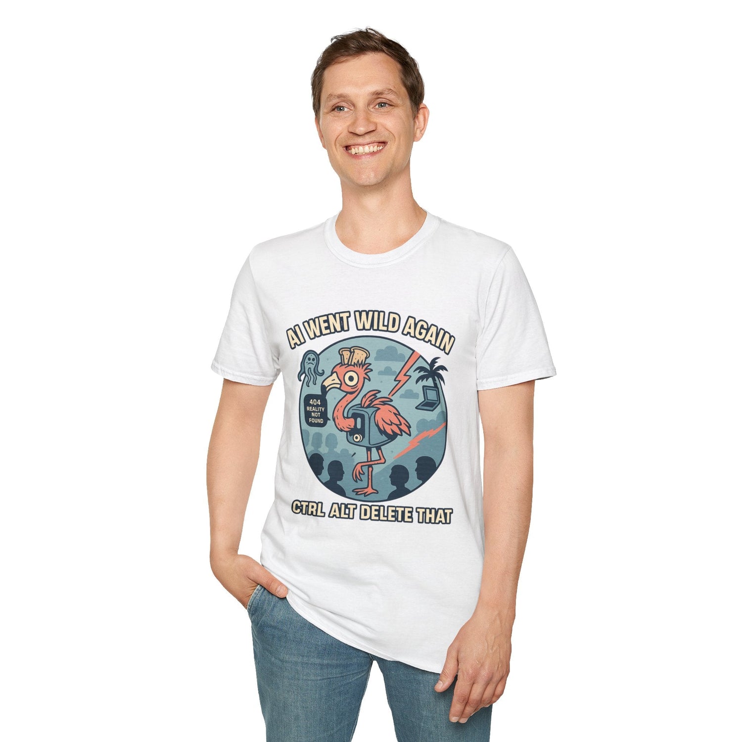 Smiling man wearing a navy blue graphic T-shirt with a cartoon flamingo and the text ‘AI Went Wild Again – Ctrl Alt Delete That’.