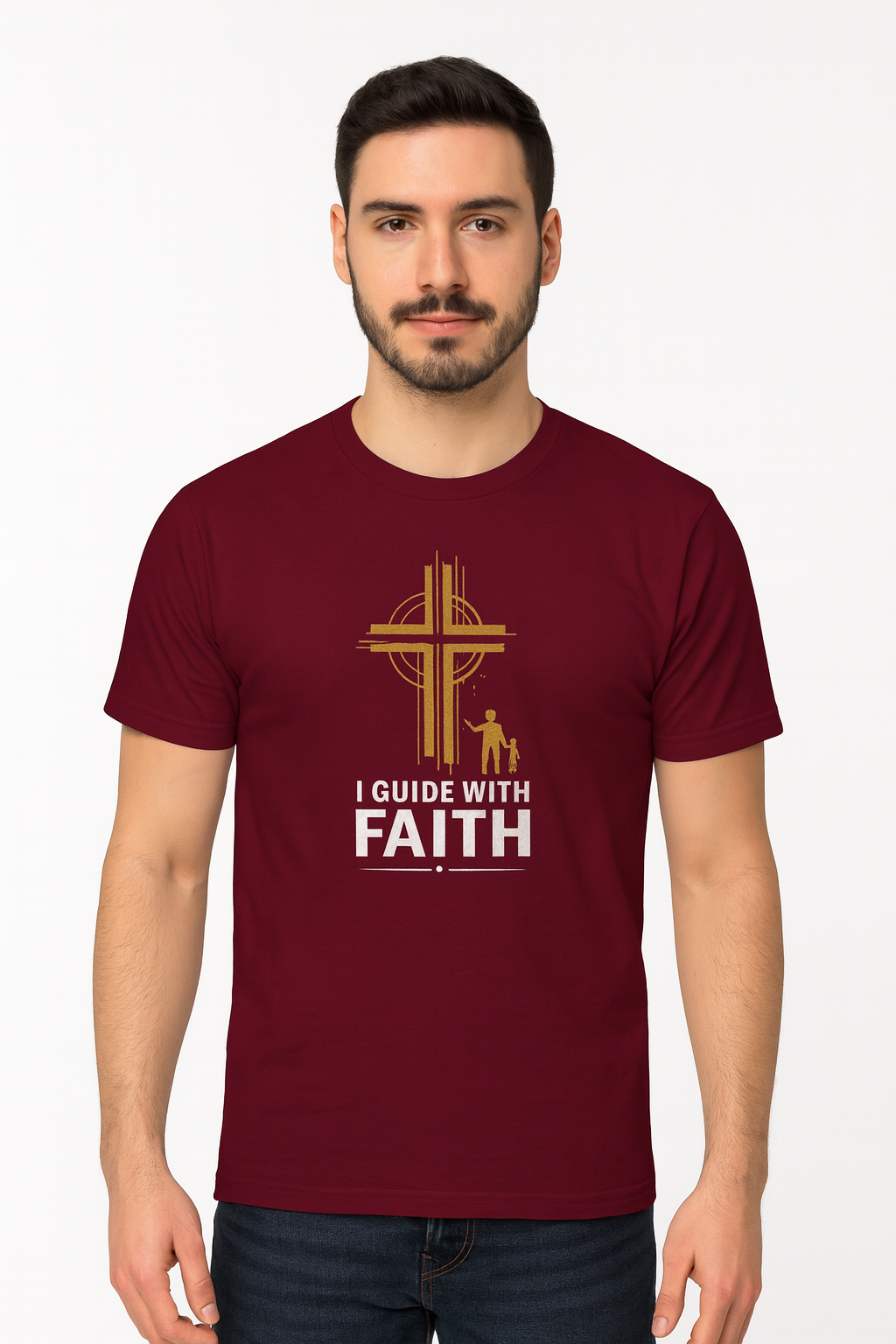 Man wearing a maroon Christian T-shirt with a gold cross and the words ‘I Guide With Faith’ printed below