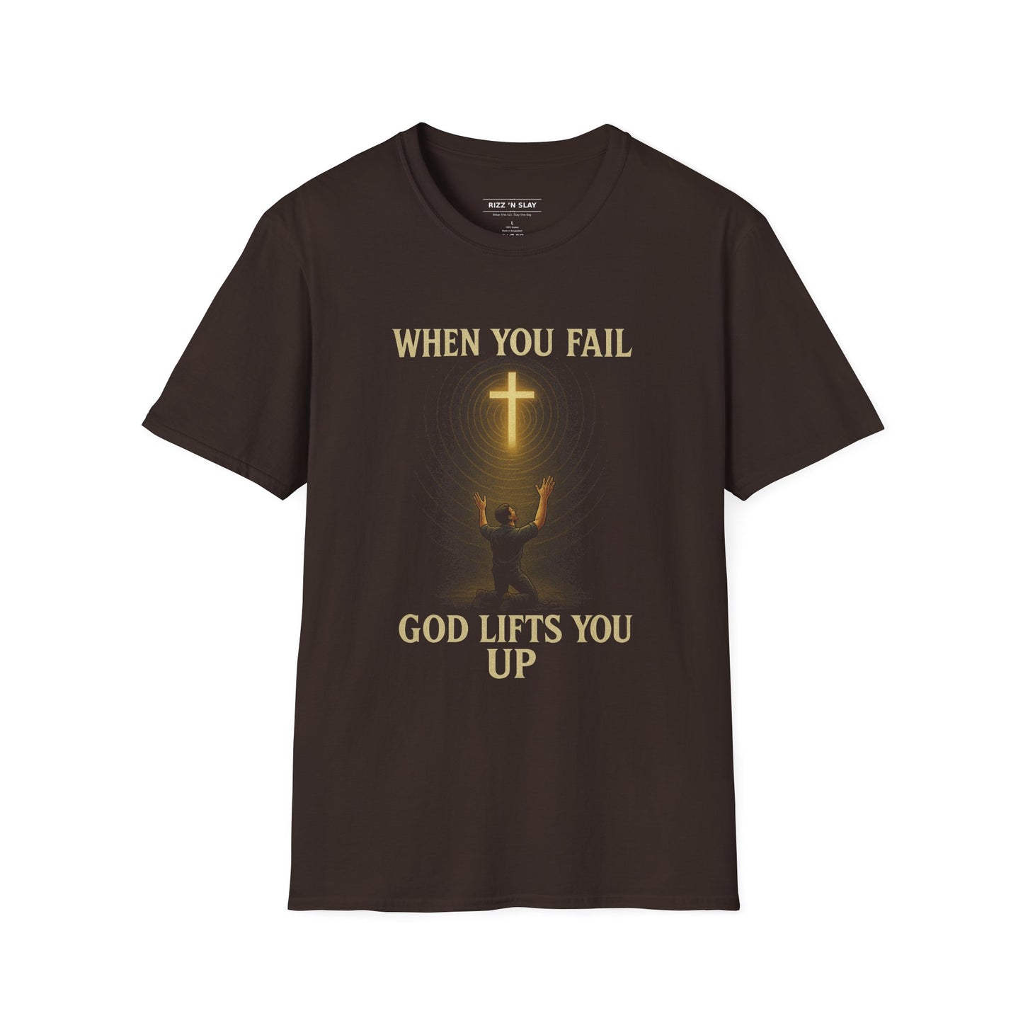 Christian T-Shirt — "When You Fail, God Lifts You Up" Kneeling Cross Graphic
