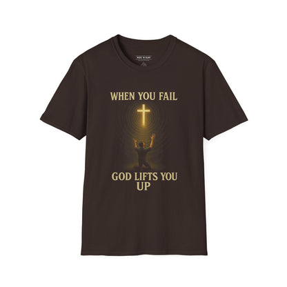 Christian T-Shirt — "When You Fail, God Lifts You Up" Kneeling Cross Graphic