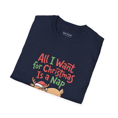Christmas Nap T-Shirt — "All I Want for Christmas Is a Nap" Cute Reindeer Holiday Tee