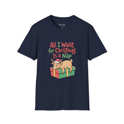 Christmas Nap T-Shirt — "All I Want for Christmas Is a Nap" Cute Reindeer Holiday Tee