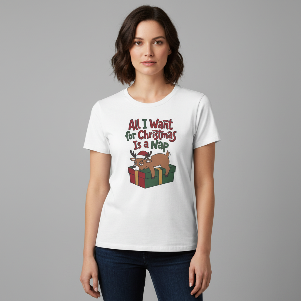 Christmas Nap T-Shirt — "All I Want for Christmas Is a Nap" Cute Reindeer Holiday Tee
