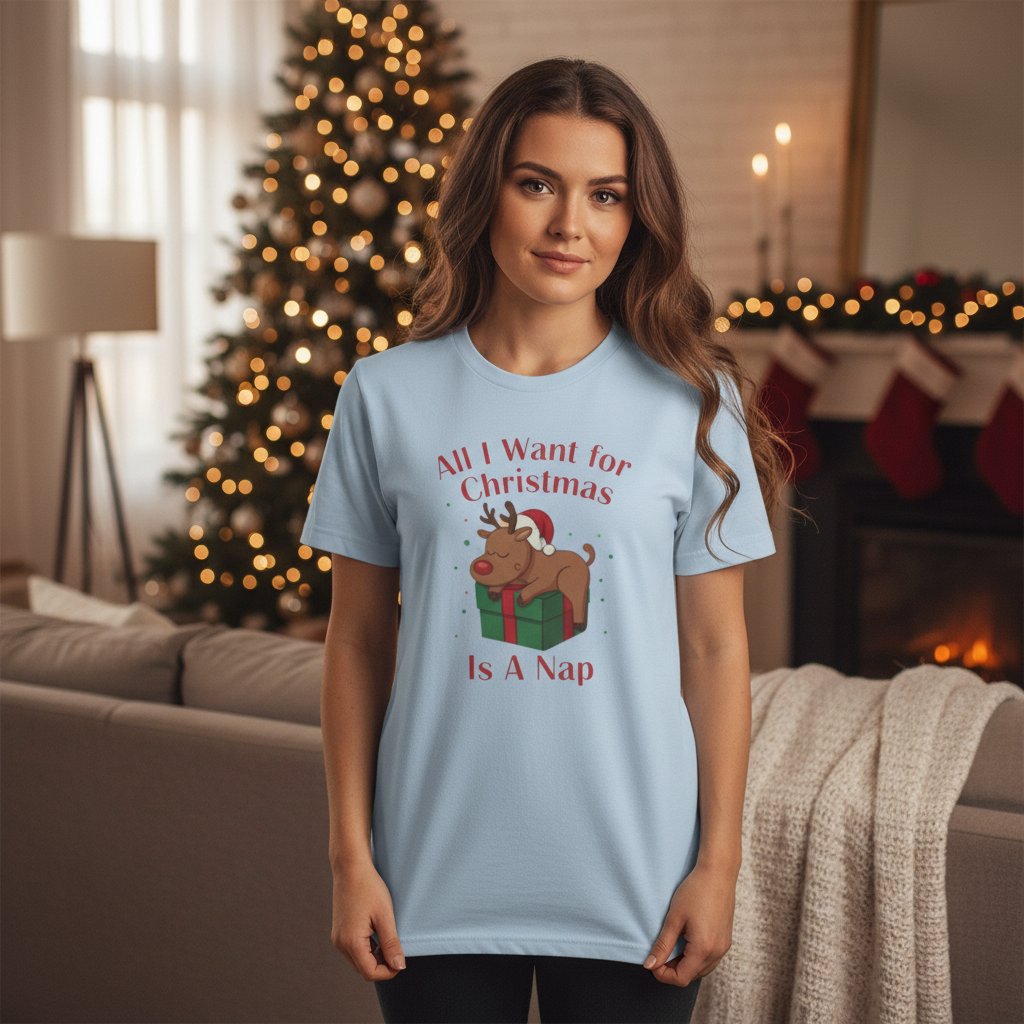 Christmas Reindeer Nap T-Shirt — "All I Want for Christmas Is a Nap" Funny Holiday Tee