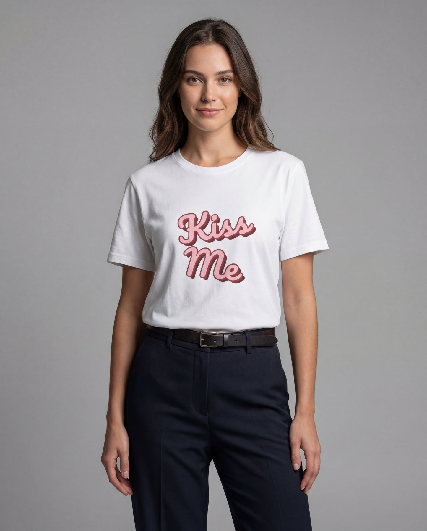 Kiss Me Graphic Tee - Pink Retro Script Valentine's Day Shirt