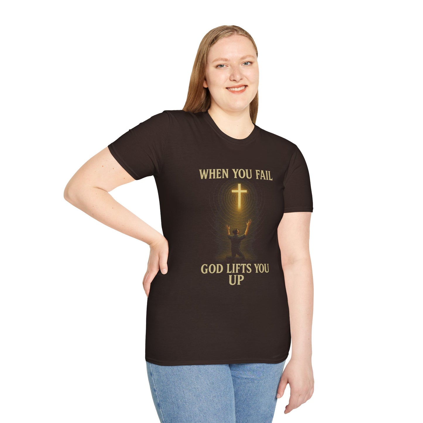 Christian T-Shirt — "When You Fail, God Lifts You Up" Kneeling Cross Graphic