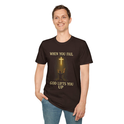 Christian T-Shirt — "When You Fail, God Lifts You Up" Kneeling Cross Graphic