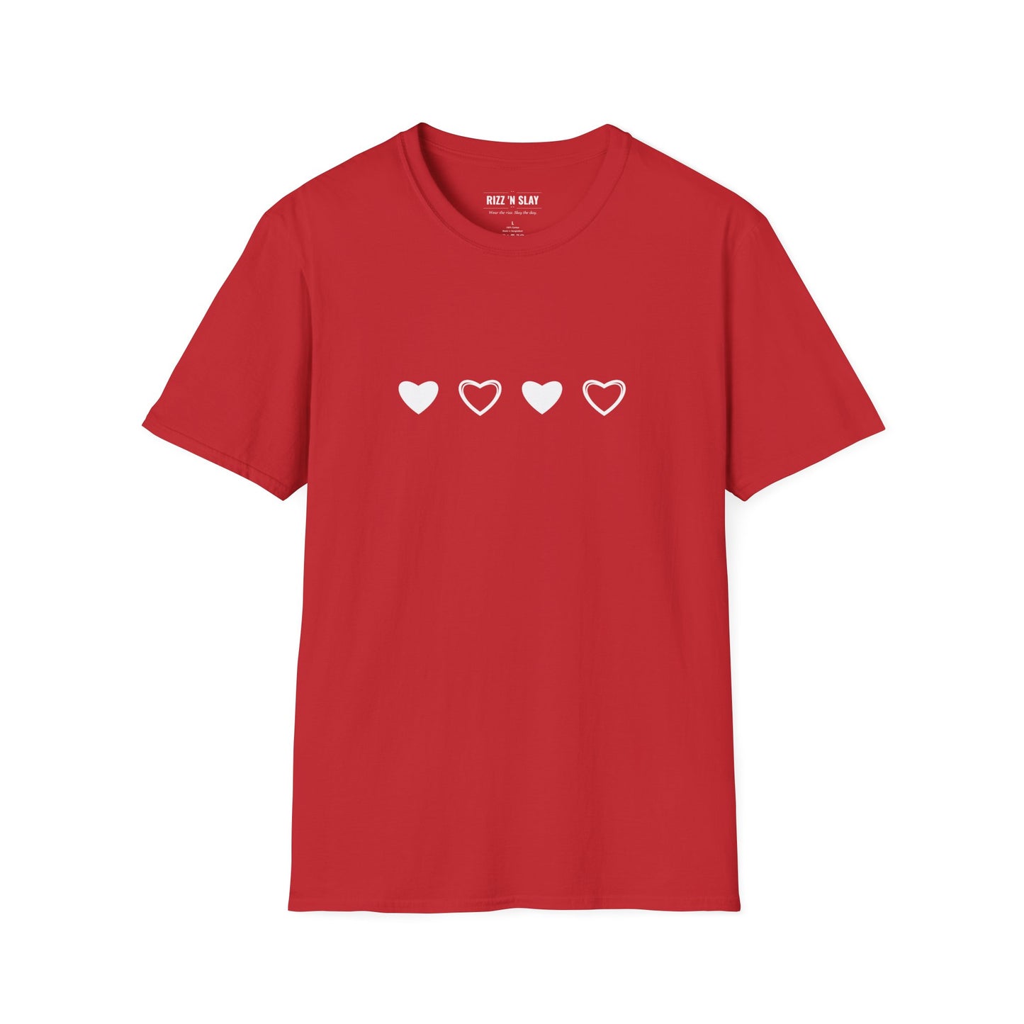 Minimal Heart Progress T-Shirt — Four Heart Icons Chest Graphic