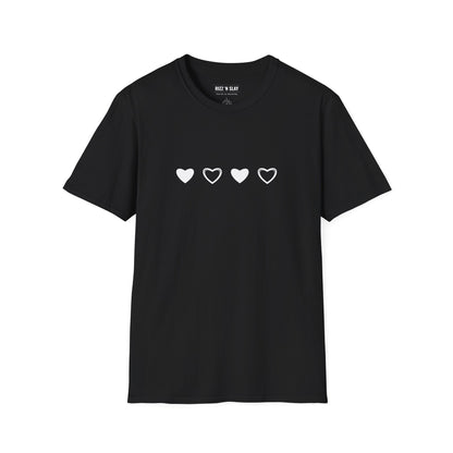 Minimal Heart Progress T-Shirt — Four Heart Icons Chest Graphic