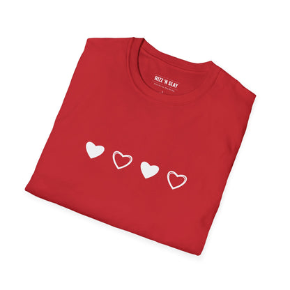Minimal Heart Progress T-Shirt — Four Heart Icons Chest Graphic