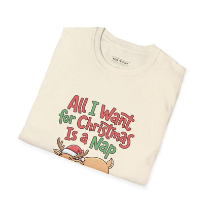 Christmas Nap T-Shirt — "All I Want for Christmas Is a Nap" Cute Reindeer Holiday Tee