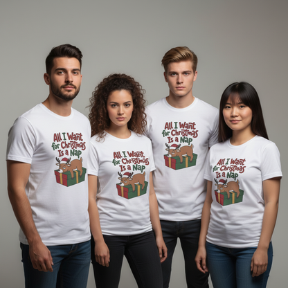 Christmas Nap T-Shirt — "All I Want for Christmas Is a Nap" Cute Reindeer Holiday Tee